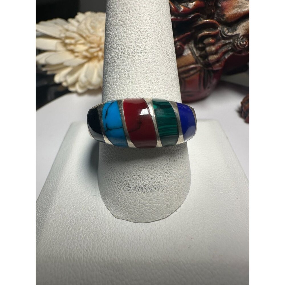Sterling Multistone Inlay Band Ring - Onyx, Turquoise, Coral, Malachite & Lapis.